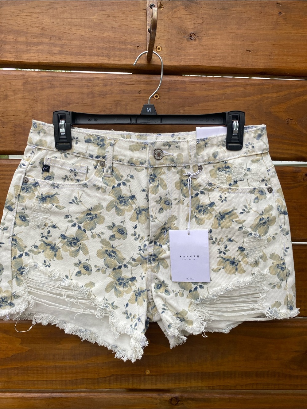 KanCan Cream Floral Distressed Jean Shorts with Blue & Olive Print high rise